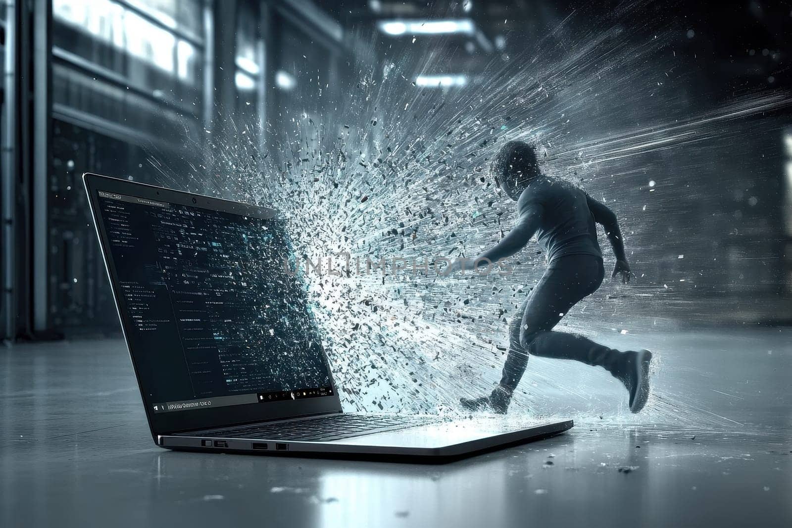 A captivating image of a child energetically running away from a laptop that bursts with digital sparkles and codes, symbolizing innovation and limitless imagination.