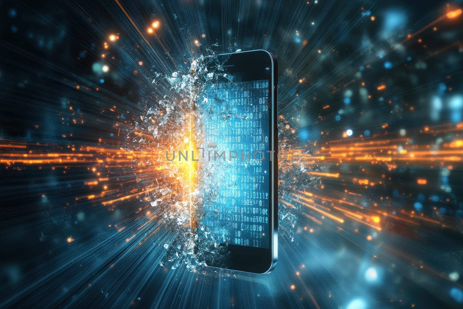 A stunning digital artwork depicting a smartphone amidst an explosion of data, representing modern technology and digital transformation in vivid colors and dynamic light.