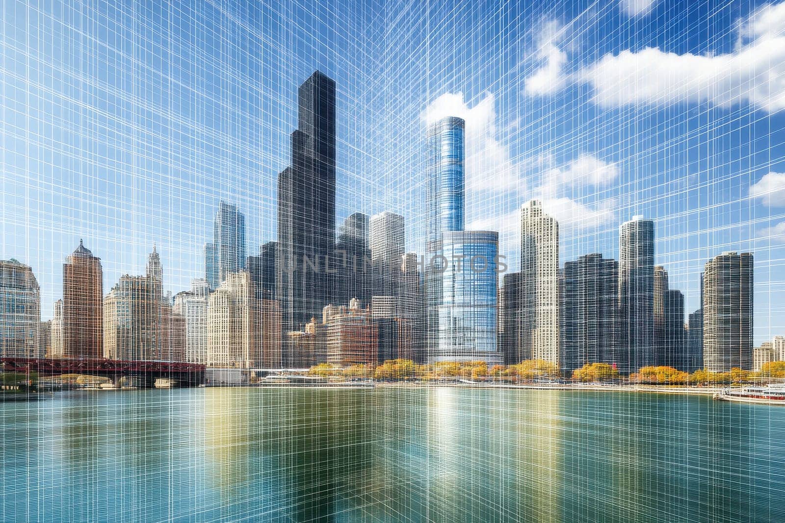 Stunning view of a modern city skyline featuring tall skyscrapers reflecting on a river, framed by vibrant clouds and greenery, showcasing urban beauty.