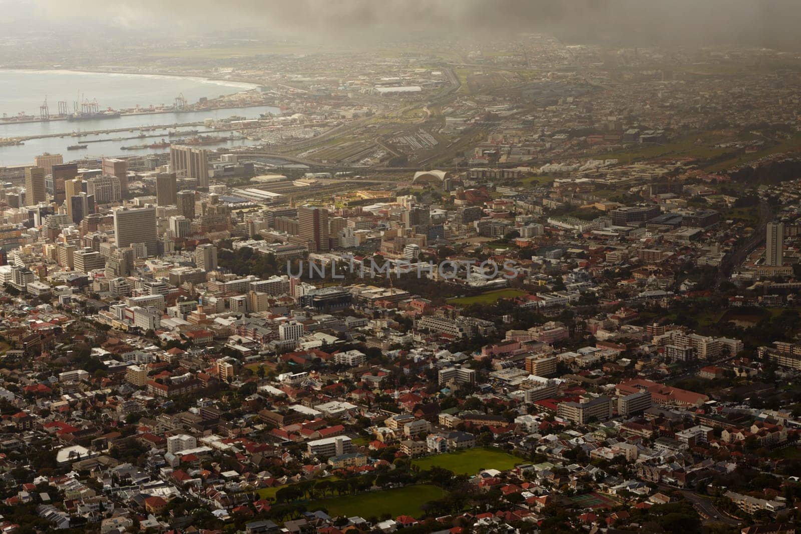 High angle view of a city with a harbour