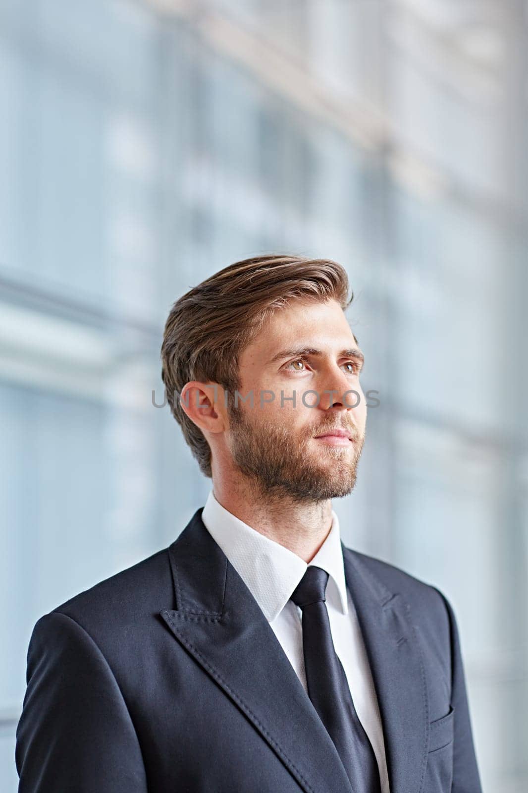 Portrait of a corporate executive looking up thoughtfully and confidently
