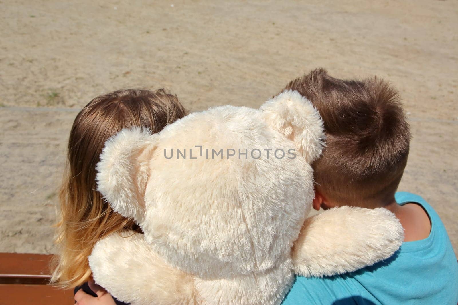 Two young children cherish a cuddly teddy bear, capturing a moment of innocence and companionship in their world