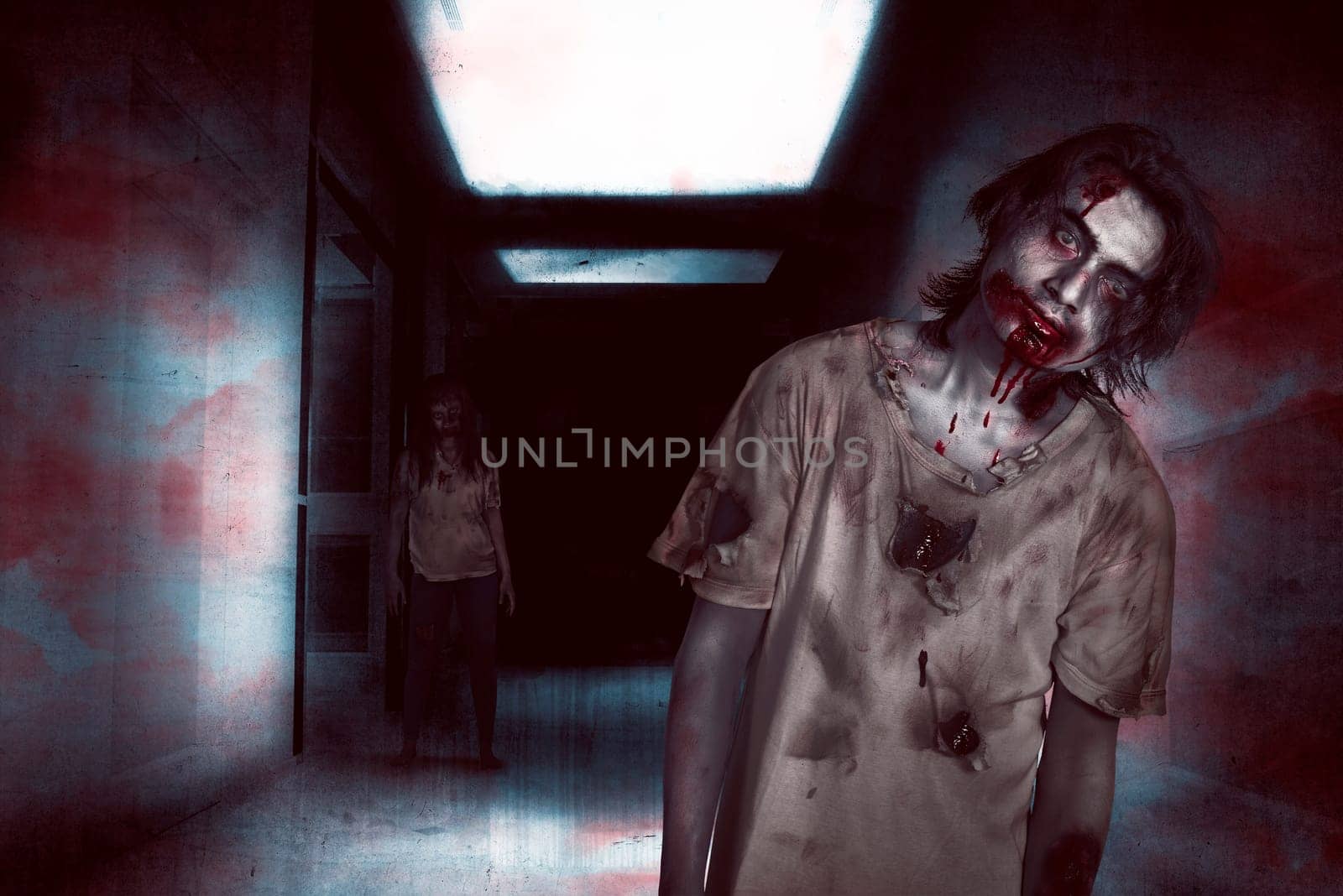 Asian zombie man and woman in the empty room, anger face and ugly. Horror situation