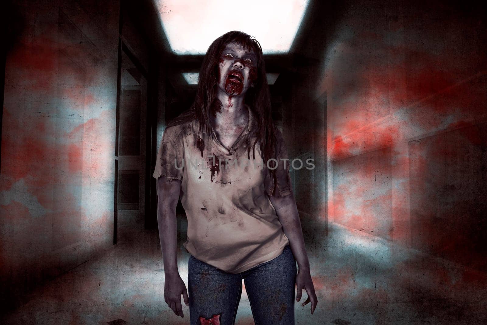 Asian zombie woman walking in empty room with angry expression. Halloween concept image