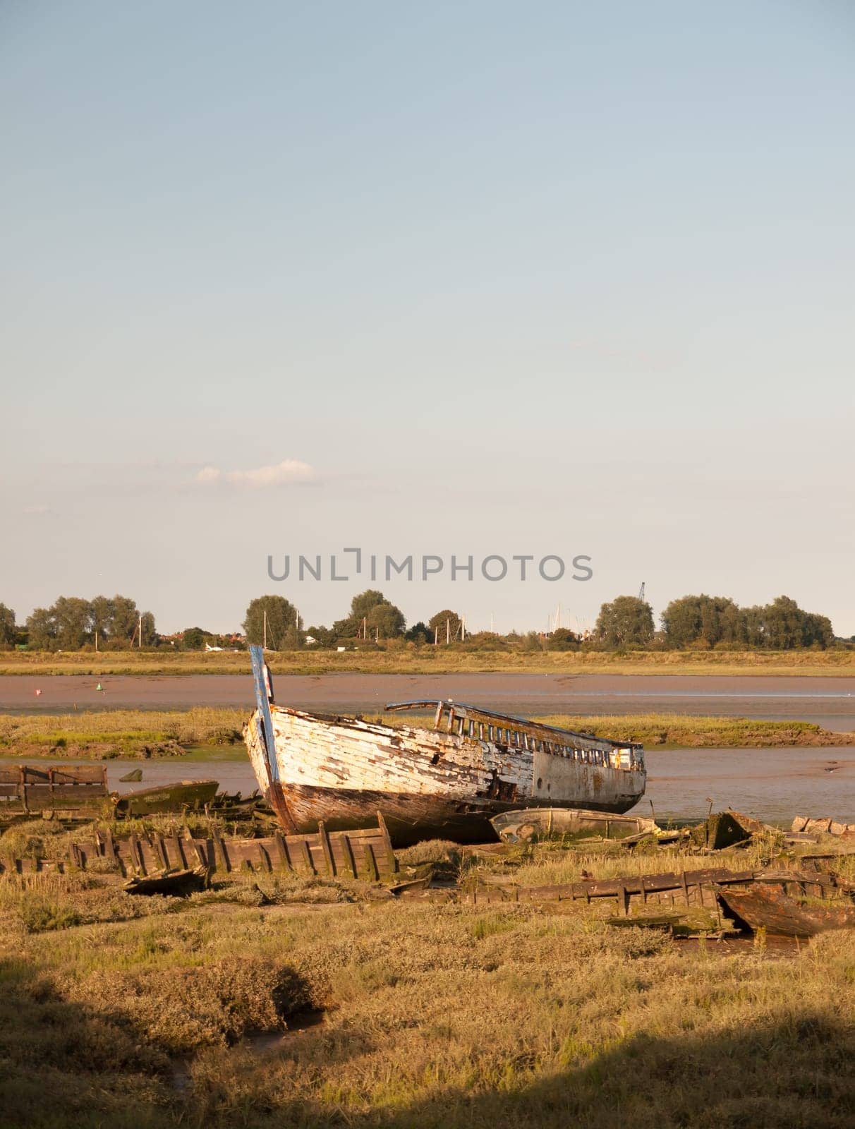 moored old rusted white wooden boat big in the sun light at edge of river black water Maldon Essex  England  UK