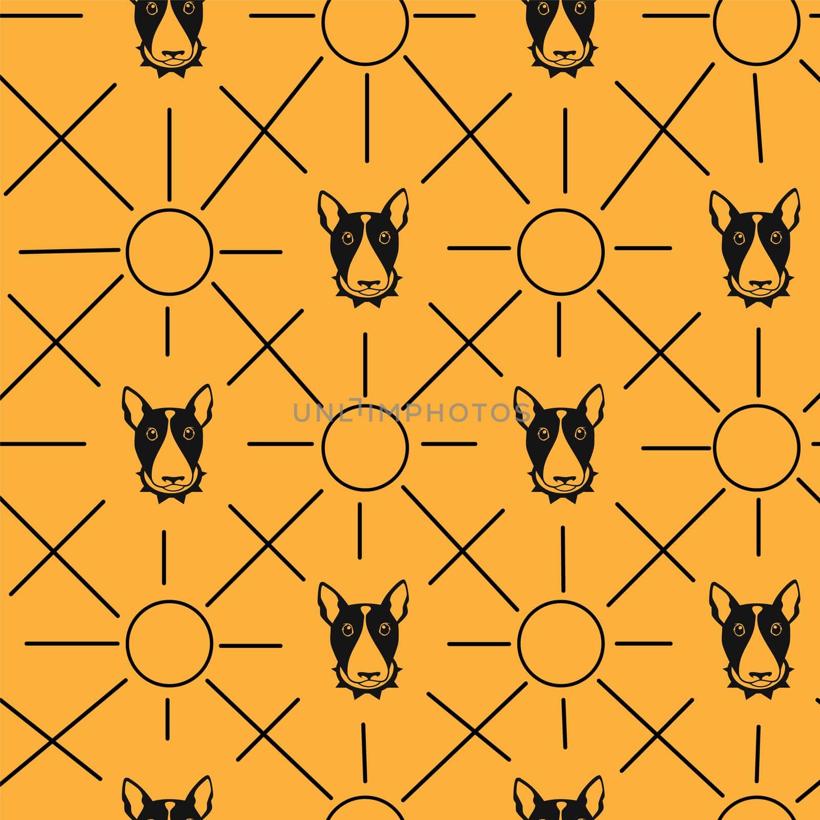 Happy dog bull terrier vector background. Seamless pattern. Endless dog texture with colorful circles