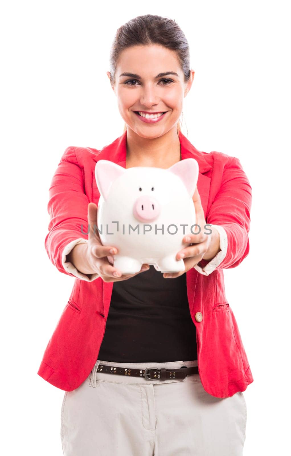 Business woman holding a piggy bank on the hands, isolated over a white background