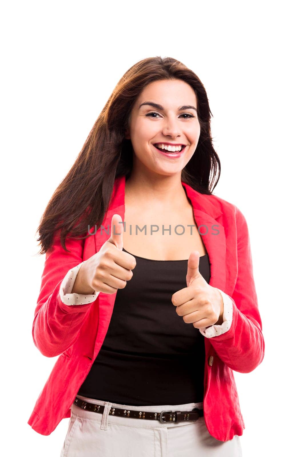 Business woman holding a shalk board on the hands, isolated over a white background (with copy space for designers)