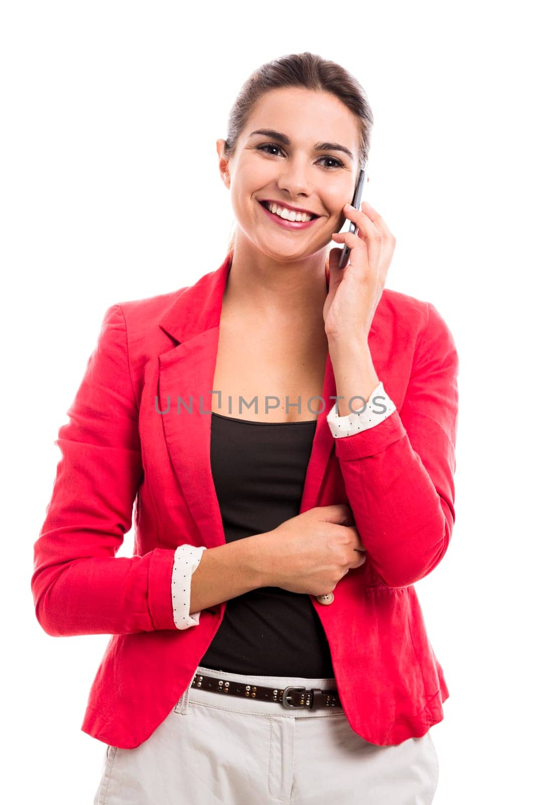Business woman holding a shalk board on the hands, isolated over a white background (with copy space for designers)