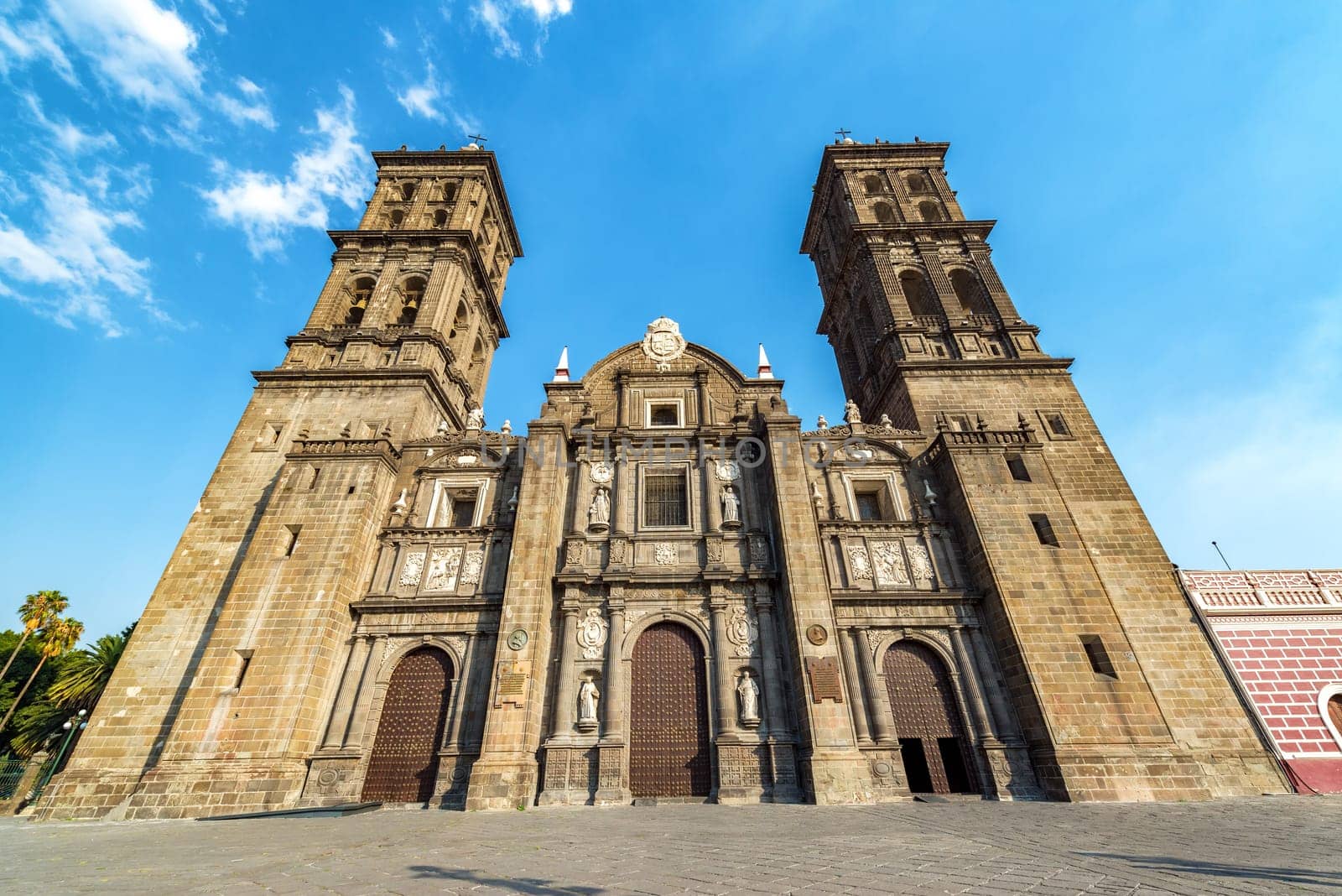 Wide angle view of the cathedral in Puebla, Mexico