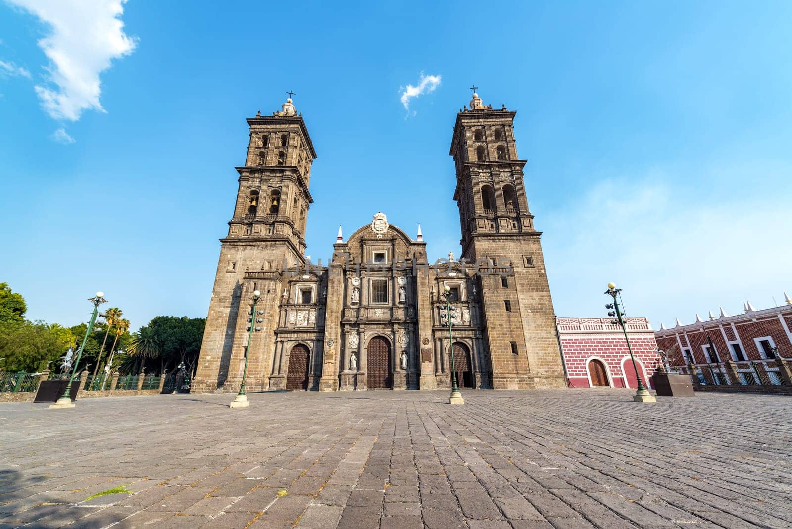 Plaza and front view of the cathedral in the colonial center of Puebla, Mexico