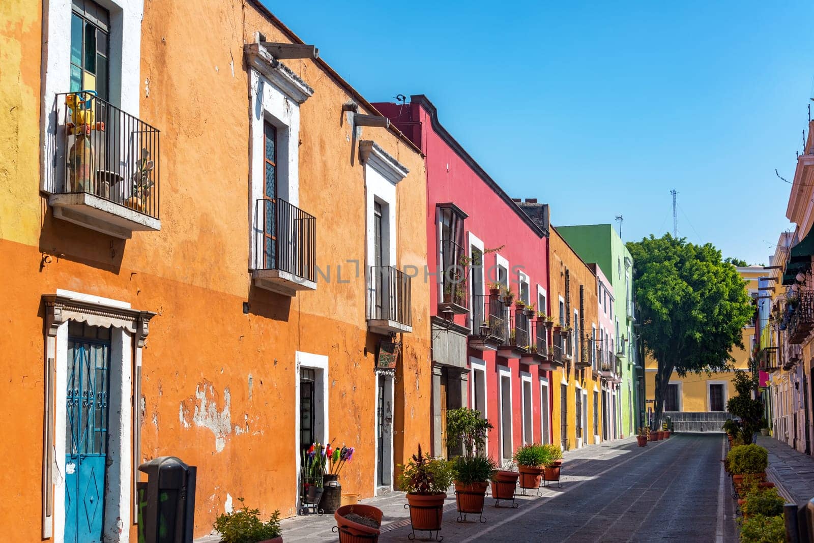 Beautiful colorful colonial street in the historic center of Puebla, Mexico