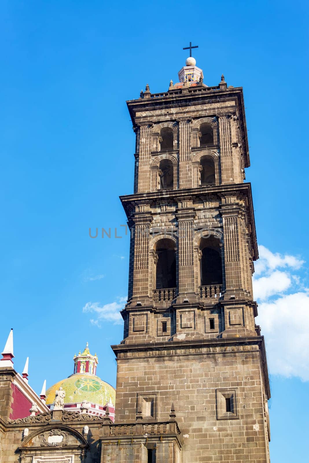 View of a tower on the cathedral in Puebla, Mexico