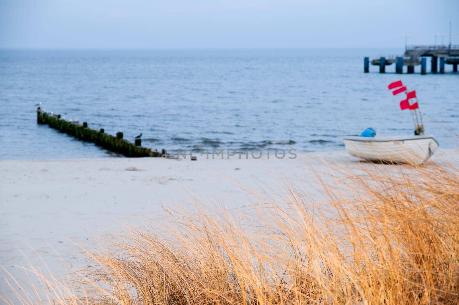 View from the Baltic Sea beach over dry dune grass towards the horizon with a small fishing boat and wooden bune in the middle ground. On the right,the end of the pier of Heringsdorf protrudes into the picture.