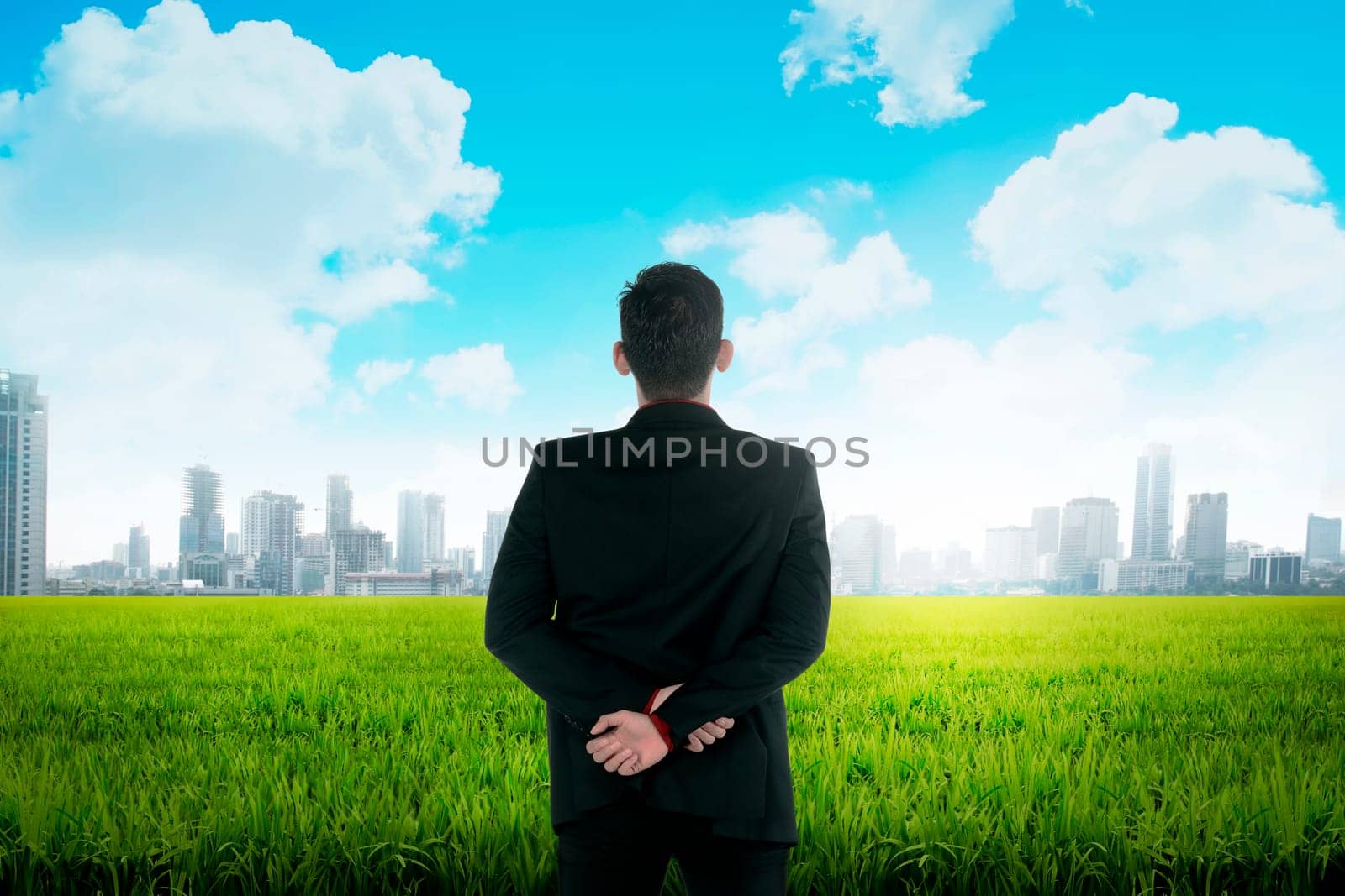 Asian business man standing on green meadow facing city. Business vision concept