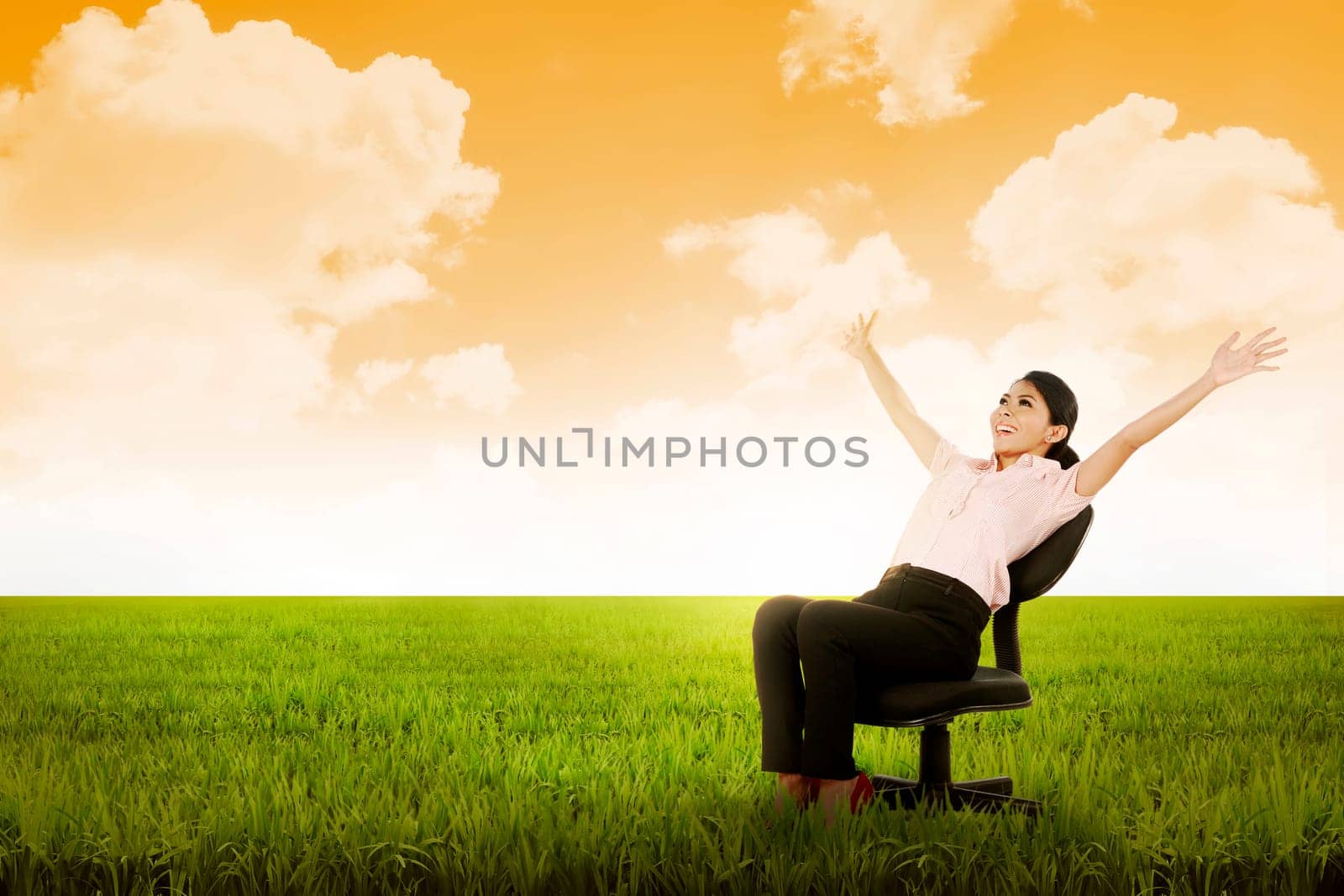 Business woman sitting on chair on the meadow. Business freedom concept