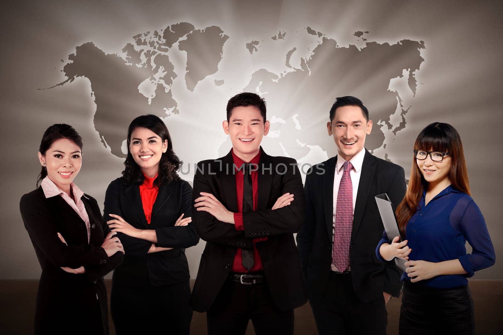 Asian business team with world map background