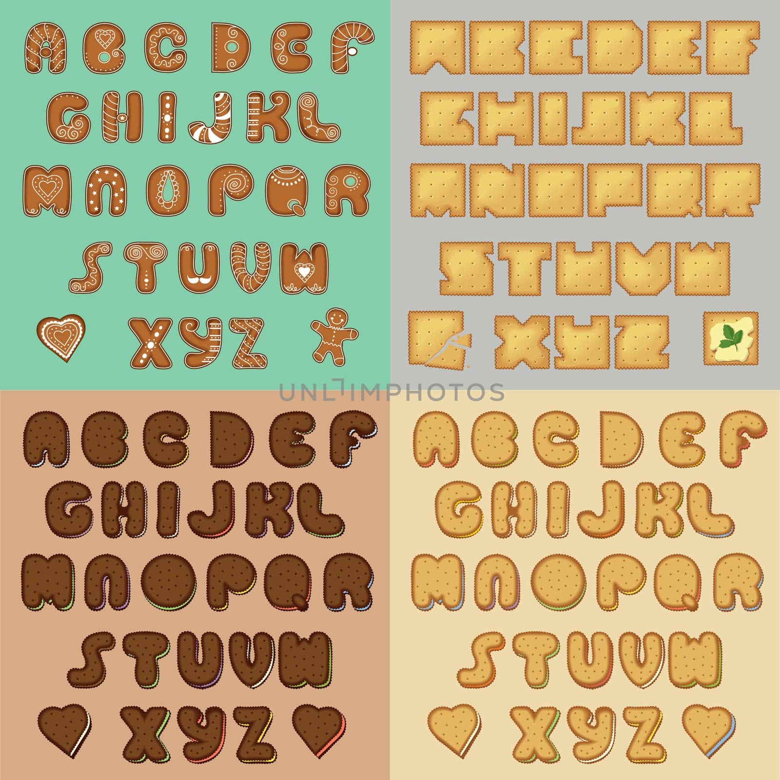 Sweet Cookies Alphabets. Artistic Font. Brown gingerbreads with white cream decor. Yellow Crackers. Chocolate and vanilla biscuits. illustration