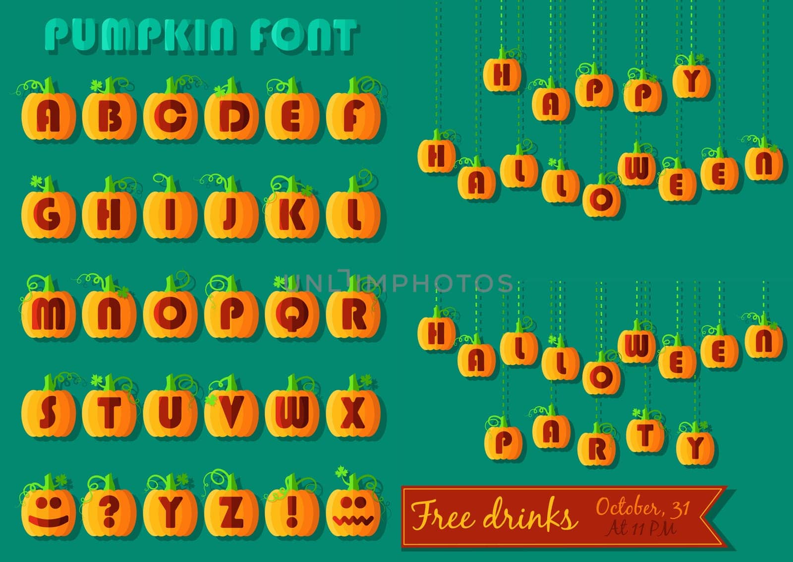 Funny pumpkin font. Orange geometric pumpkins with red signs. Jack of the Lantern. Happy Halloween. Invitation to party with red banner for custom text. illustration