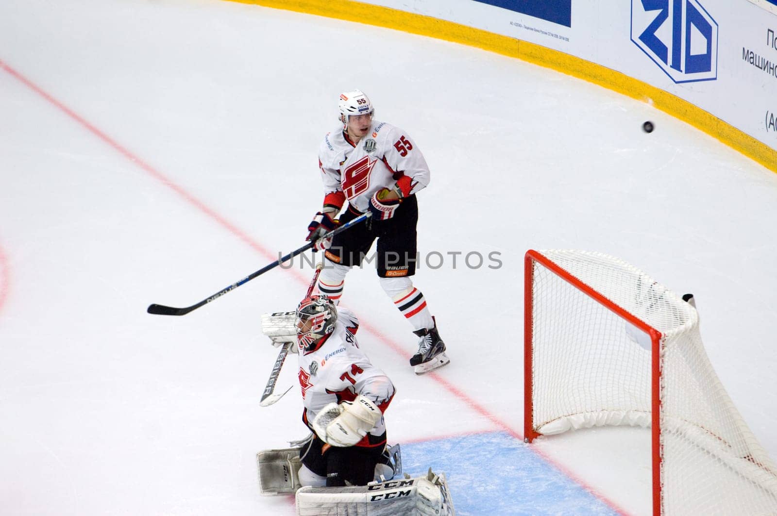 PODOLSK, RUSSIA - SEPTEMBER 3, 2017: E. Martynov (55) defend on hockey game Vityaz vs Avangard on 10th Russia KHL championship on September 3, 2017, in Podolsk, Russia. Vityaz won 6:2