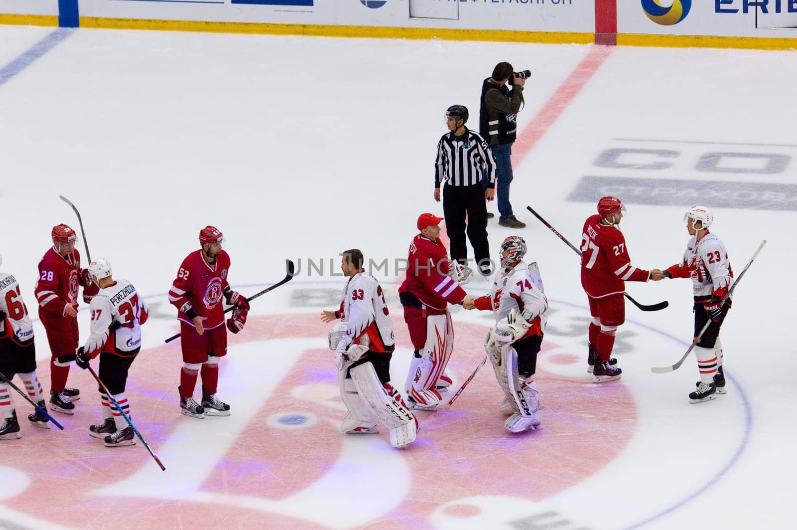 PODOLSK, RUSSIA - SEPTEMBER 3, 2017: Last handshake of teams just after hockey game Vityaz vs Avangard on 10th Russia KHL championship on September 3, 2017, in Podolsk, Russia. Vityaz won 6:2
