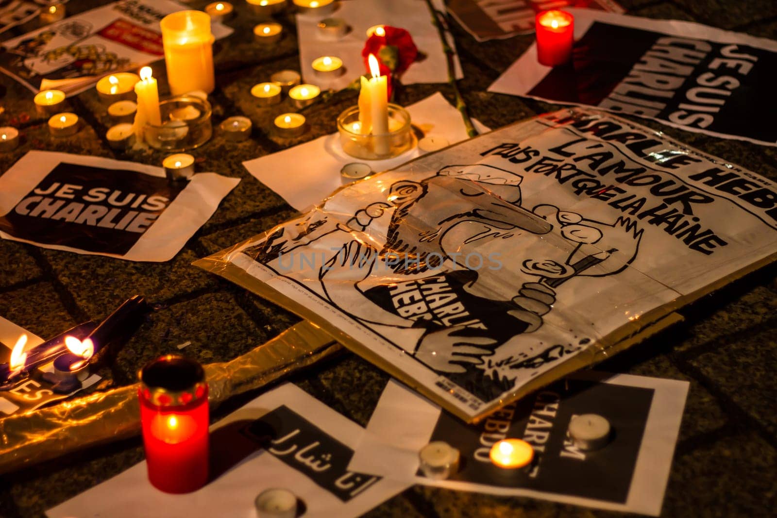 BERLIN, GERMANY - JANUARY 7TH, 2015: March against Charlie Hebdo magazine terrorism attack, on January 7th, 2015,  in front of France Embassy in Berlin, Germany