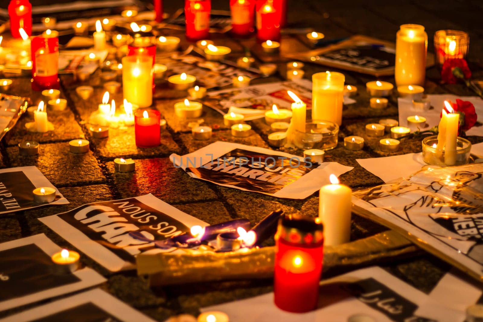 BERLIN, GERMANY - JANUARY 7TH, 2015: March against Charlie Hebdo magazine terrorism attack, on January 7th, 2015,  in front of France Embassy in Berlin, Germany