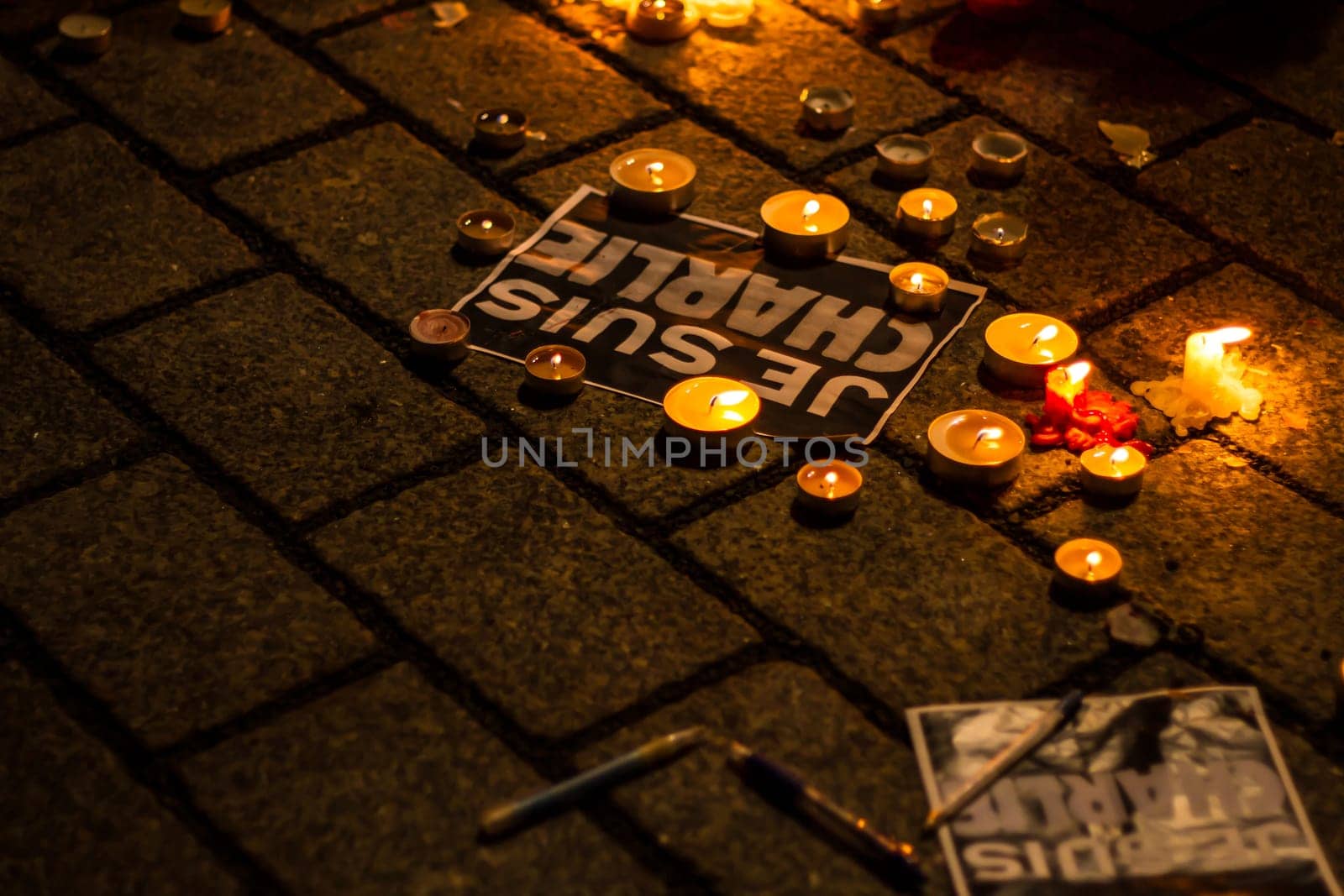BERLIN, GERMANY - JANUARY 7TH, 2015: March against Charlie Hebdo magazine terrorism attack, on January 7th, 2015,  in front of France Embassy in Berlin, Germany