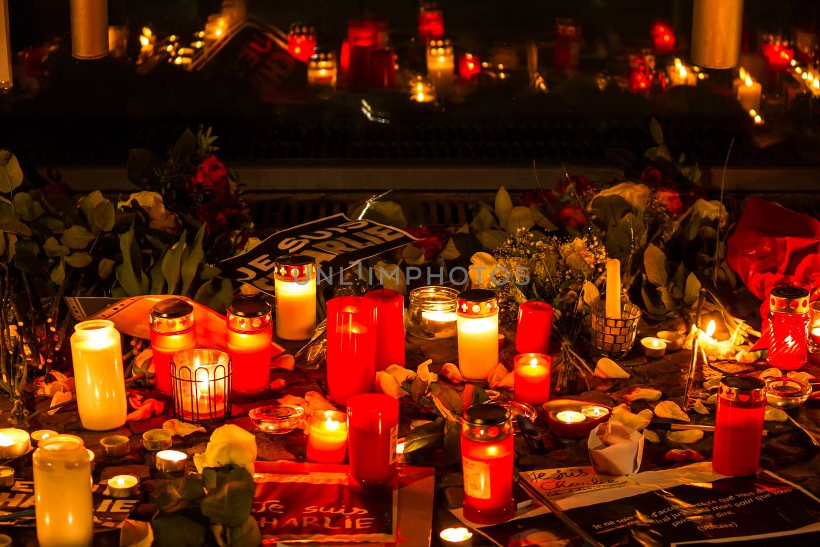BERLIN, GERMANY - JANUARY 7TH, 2015: March against Charlie Hebdo magazine terrorism attack, on January 7th, 2015,  in front of France Embassy in Berlin, Germany