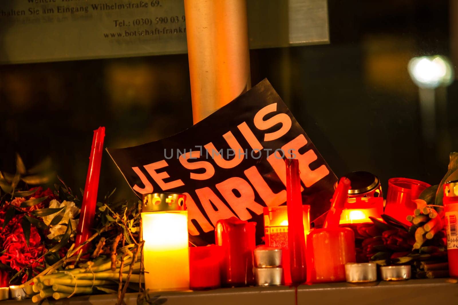BERLIN, GERMANY - JANUARY 7TH, 2015: March against Charlie Hebdo magazine terrorism attack, on January 7th, 2015,  in front of France Embassy in Berlin, Germany
