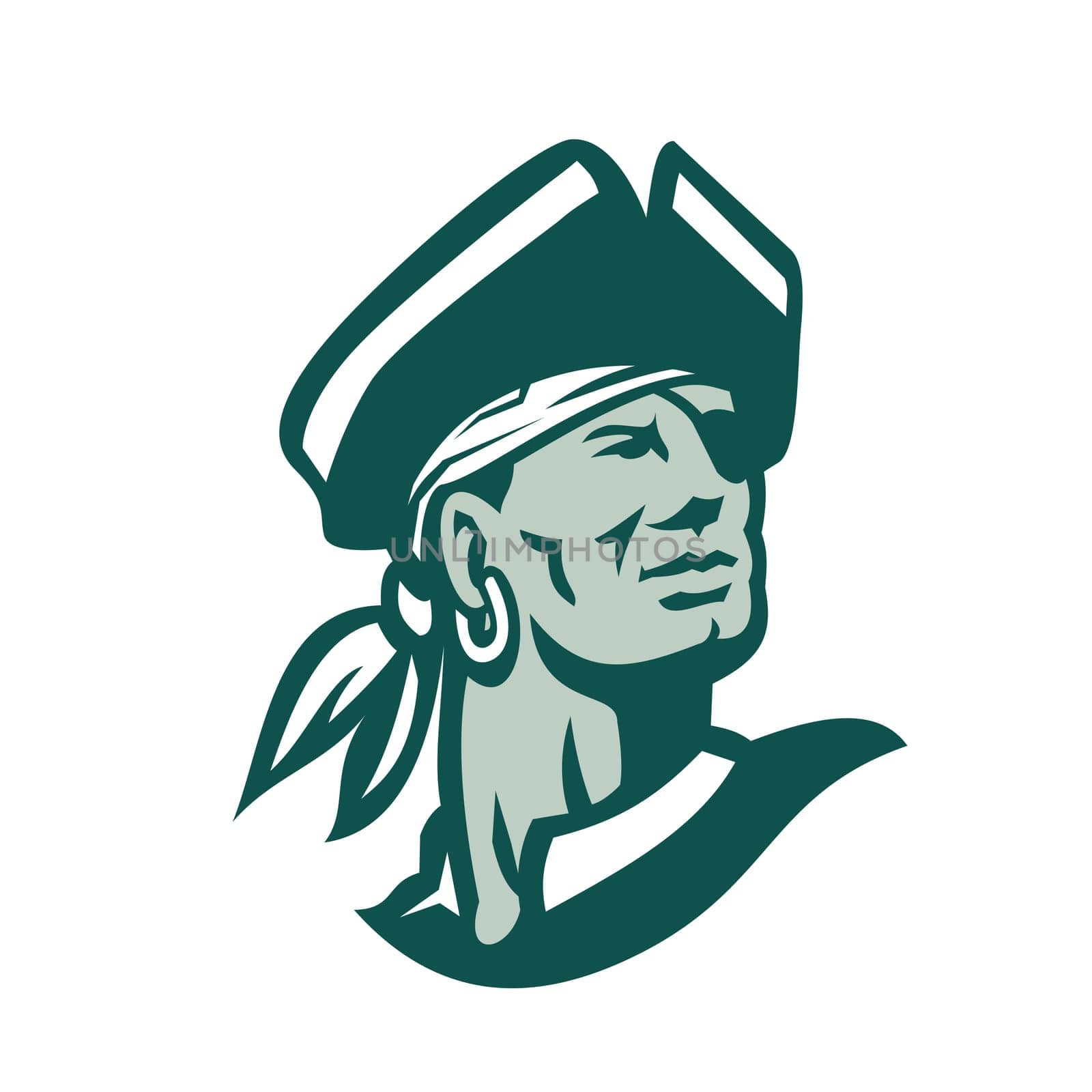 Icon style illustration of a Captain Buccaneer pirate Looking Up on isolated background.