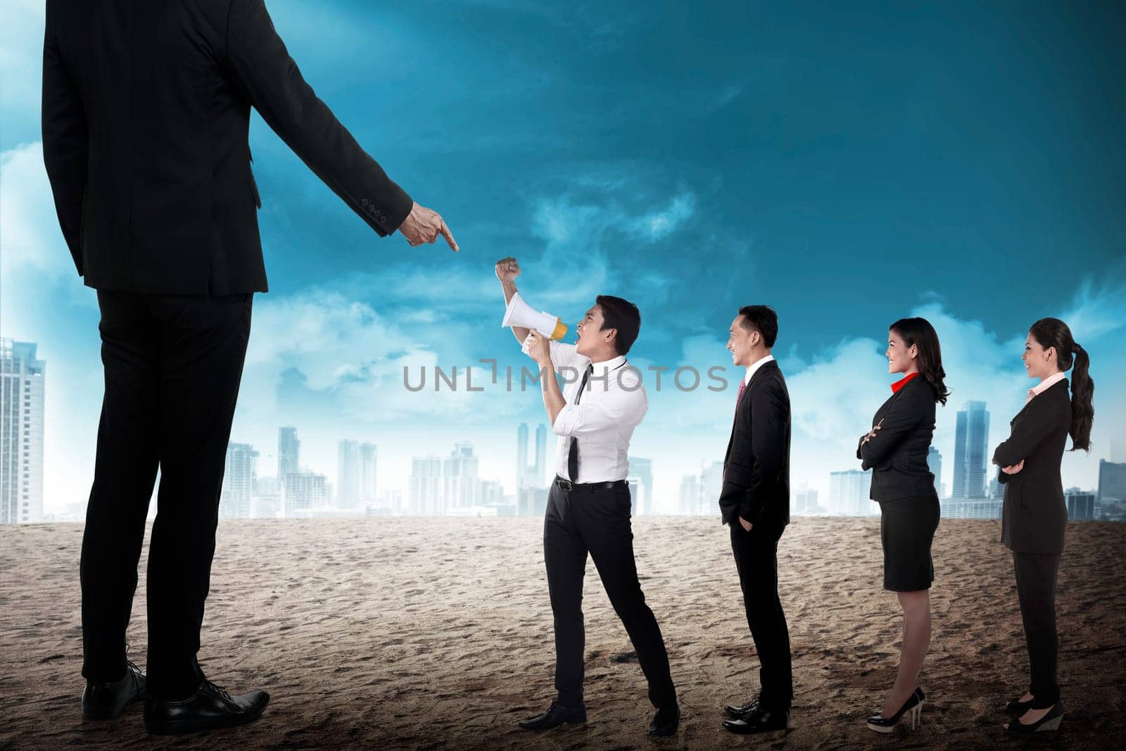 Business team protest to the boss using megaphone. Business communication concept