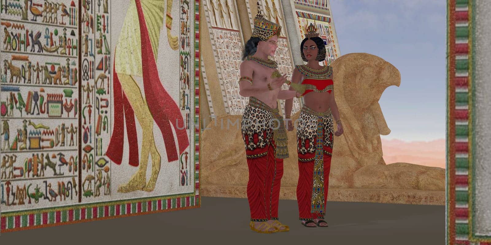 An Egyptian king talks with the queen over affairs of the state after he receives a scroll.