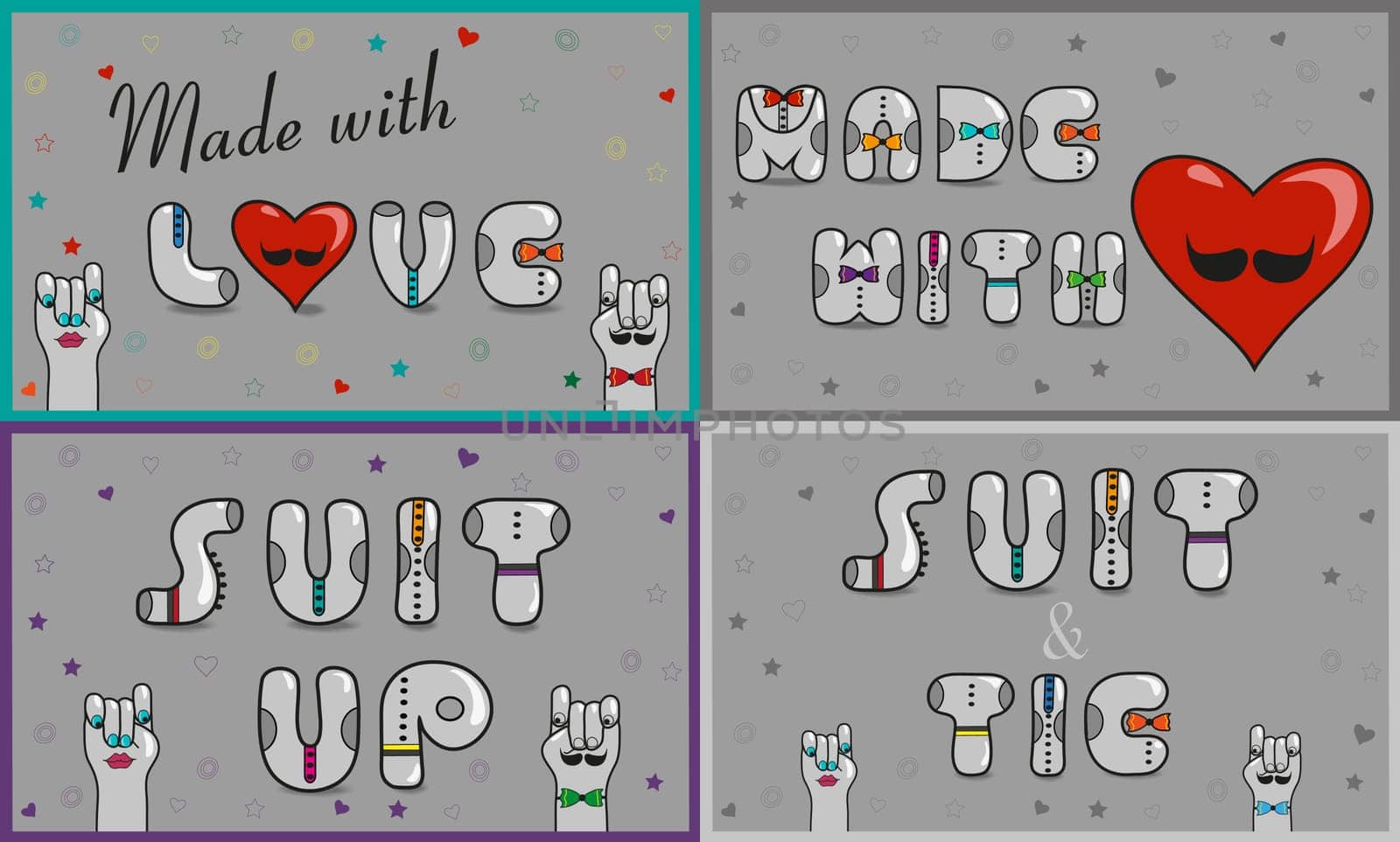 Cards with inscriptions for retail. Vintage font. Sale. Gray retro letters with colorful ties. Pink numerals. Cartoon hipster hands.  illustration