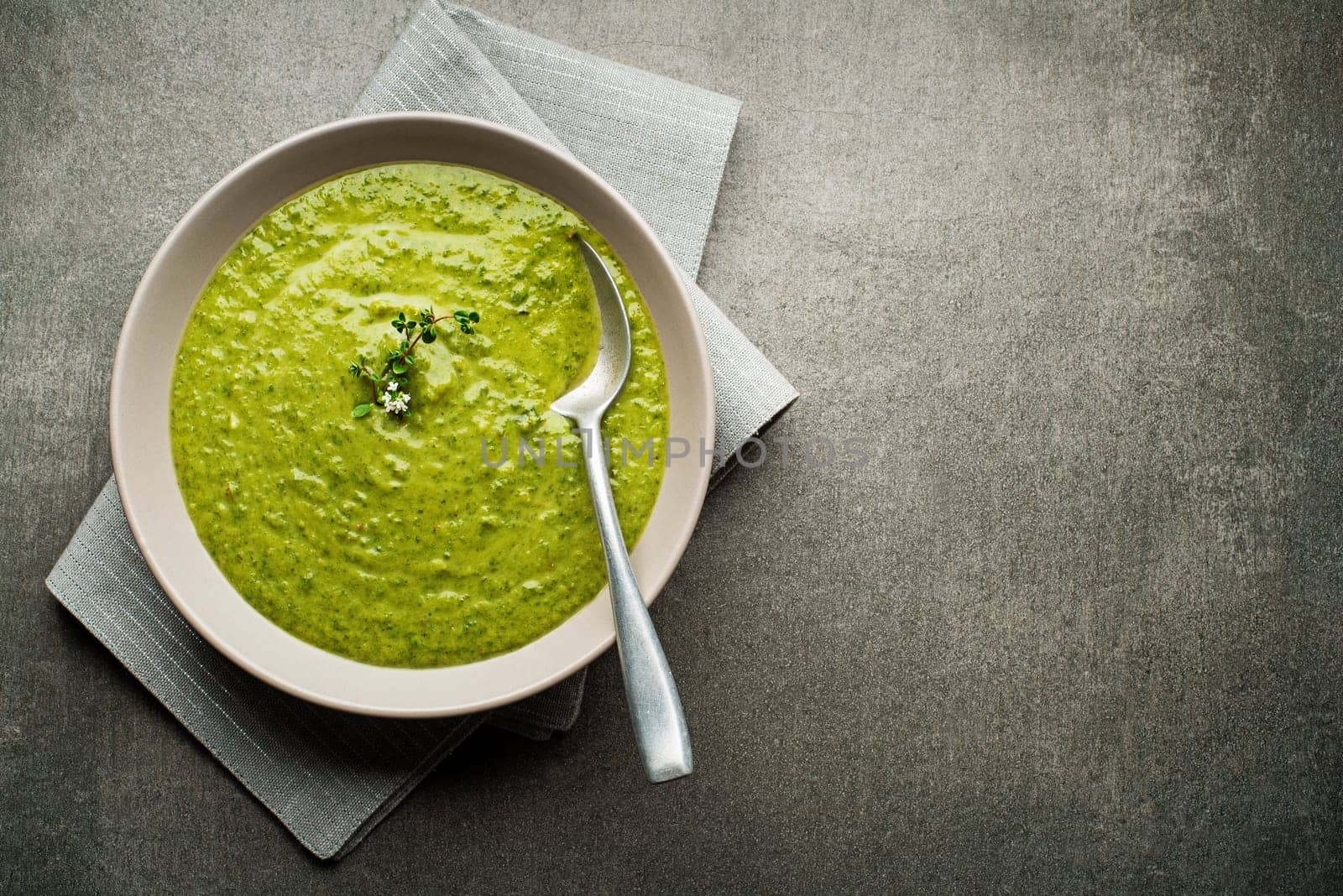 Fresh healthy vegetable green soup overhead shoot.