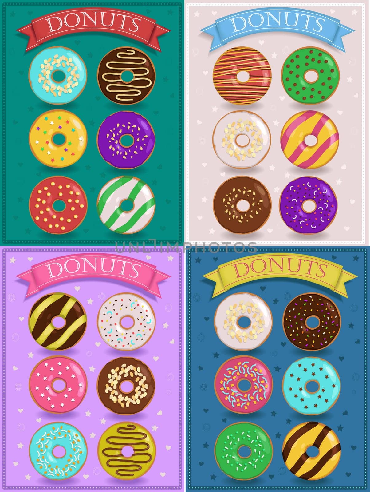Vintage cards with colorful donuts. Colorful banners for custom text.  illustration