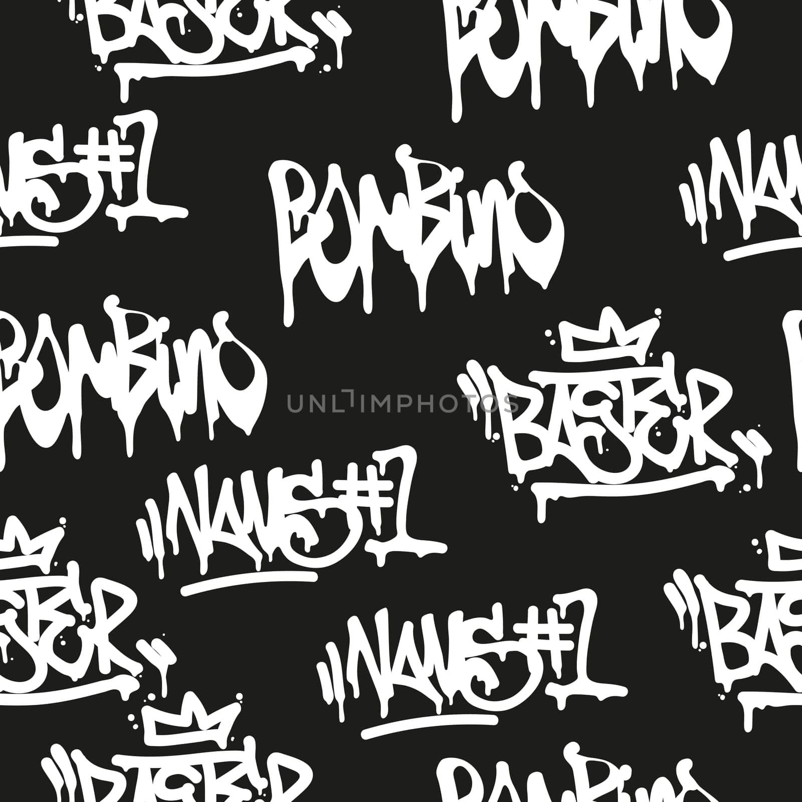Vector tags seamless pattern. Fashion graffiti hand drawing texture, street art retro style vintage design for t-shirt skateboard textile wrapping paper in black white