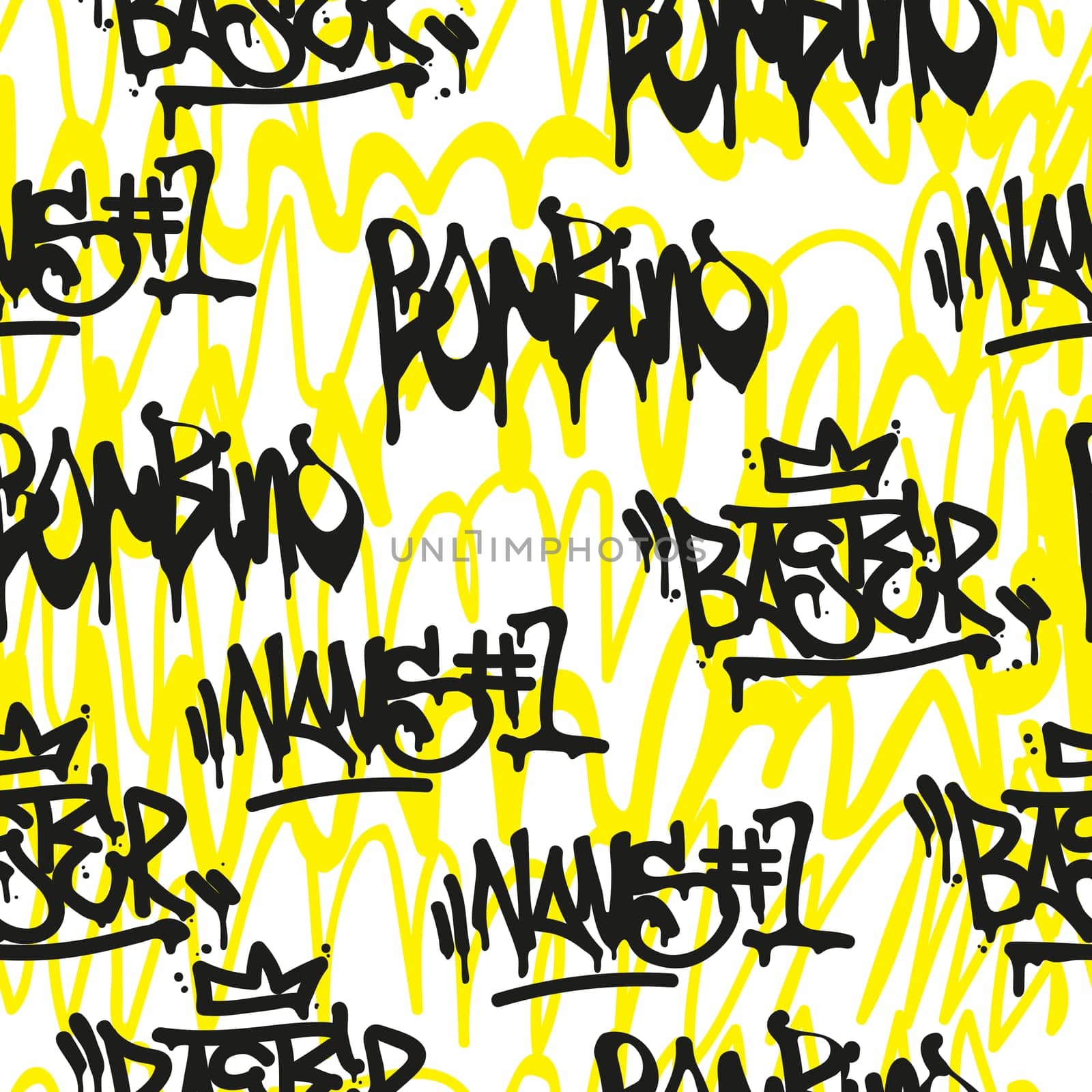 Vector tags seamless pattern. Fashion black and white graffiti hand drawing design texture in hip hop street art style for t-shirt skateboard textile