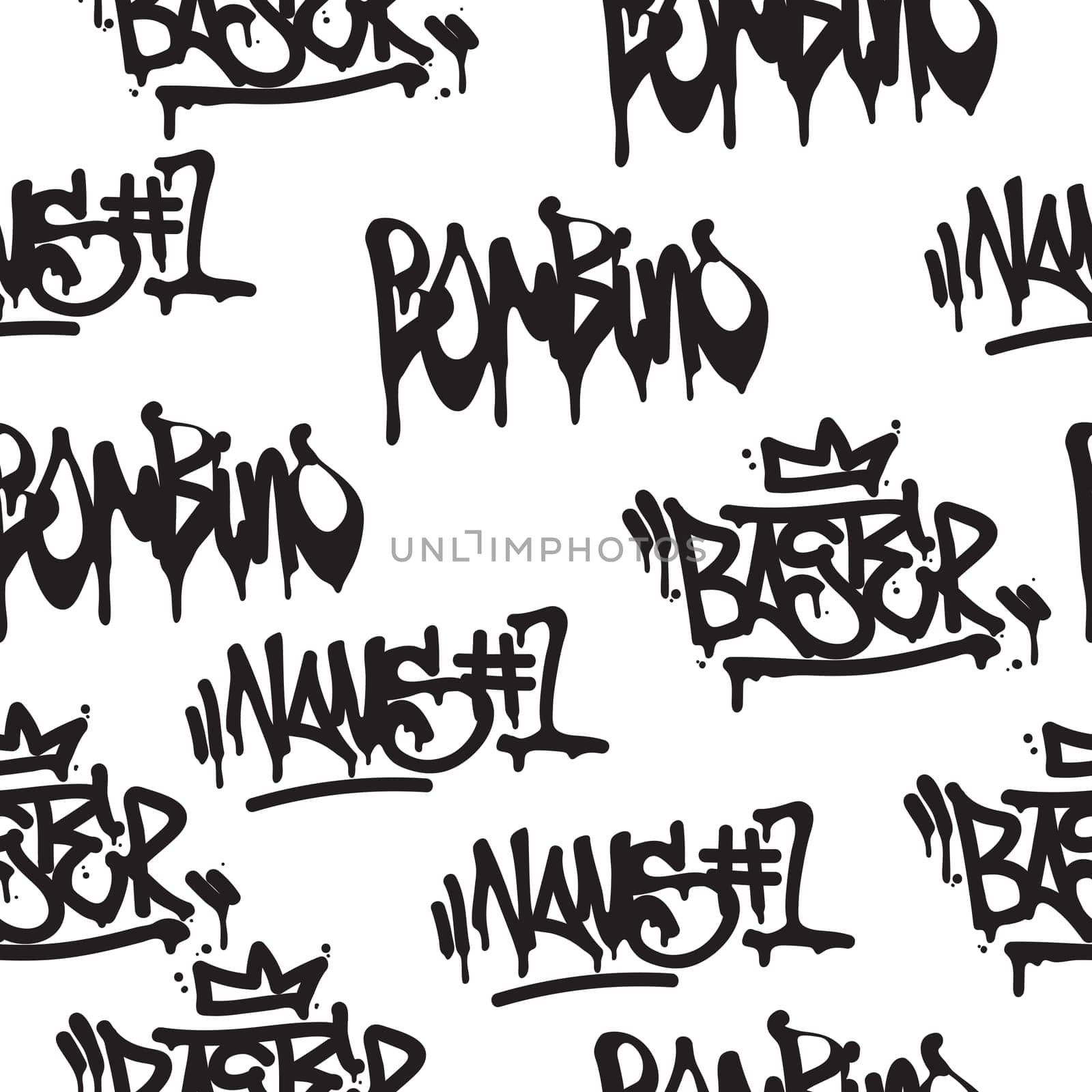 Vector tags seamless pattern. Fashion black and white graffiti hand drawing design texture in hip hop street art style for t-shirt skateboard textile