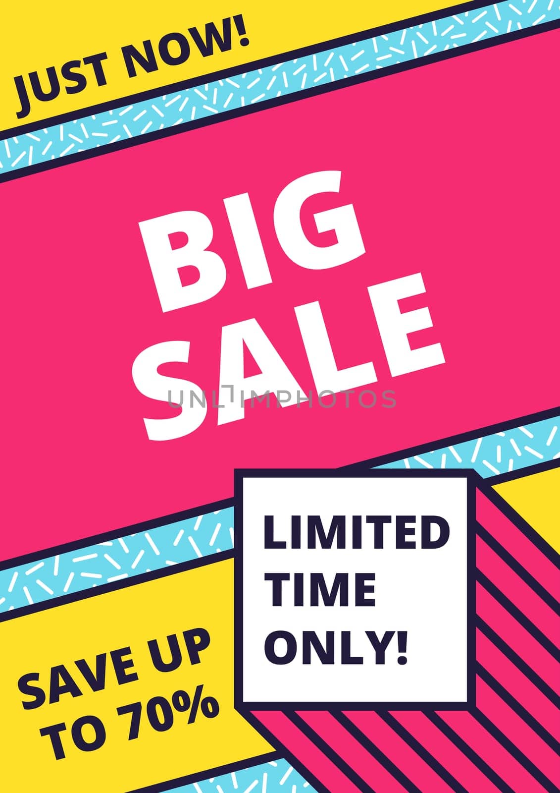 Flat design sale website banner template. Bright colorful vector illustrations for social media, posters, email, print, ads designs, promotional material. Yellow Pink Blue black and white