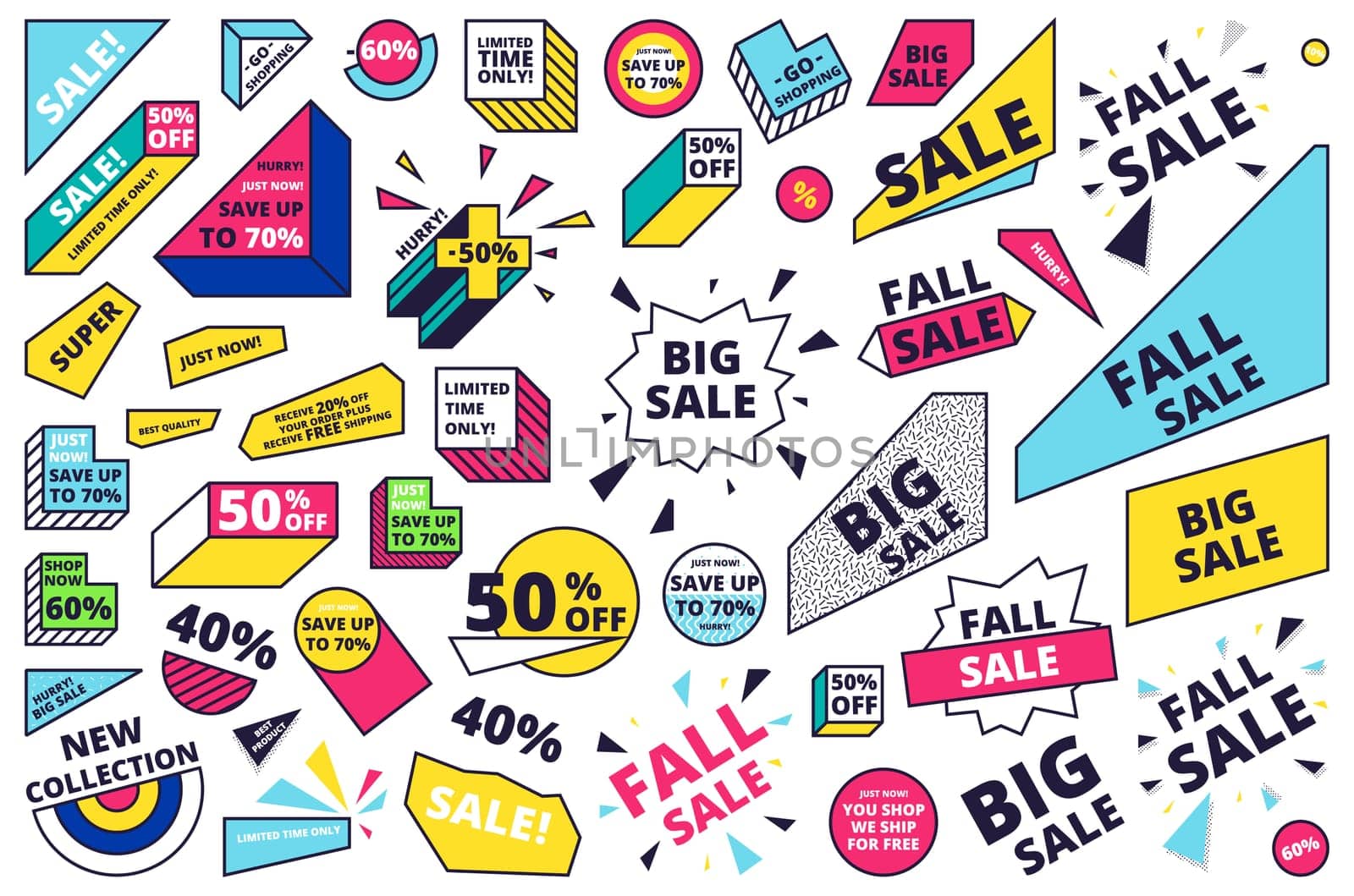 Flat design sale website banner template set. Isolated bright colorful vector illustrations for social media, posters, email, print, promotional material. Yellow Pink Blue black and white