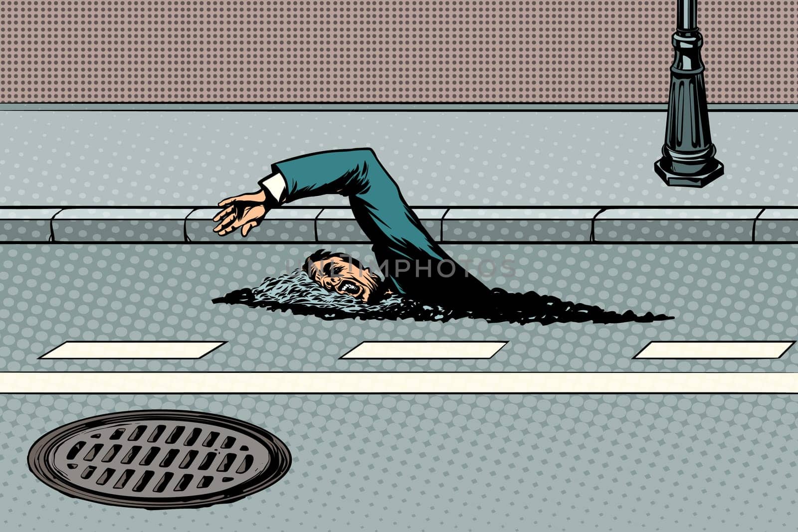 Businessman floating on the road like a river. Pop art retro vector illustration