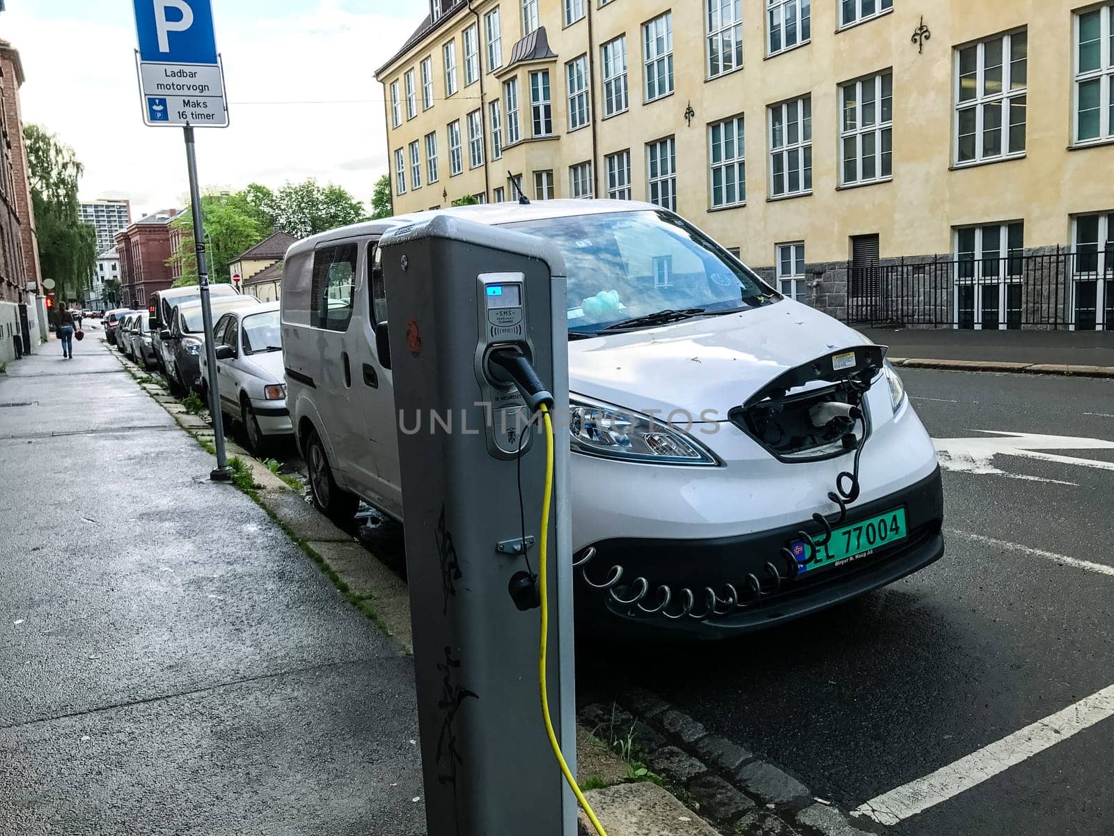 Oslo, Norway - 07 June 2017: Electric car charging station. Eco automobile that sparked a revolution