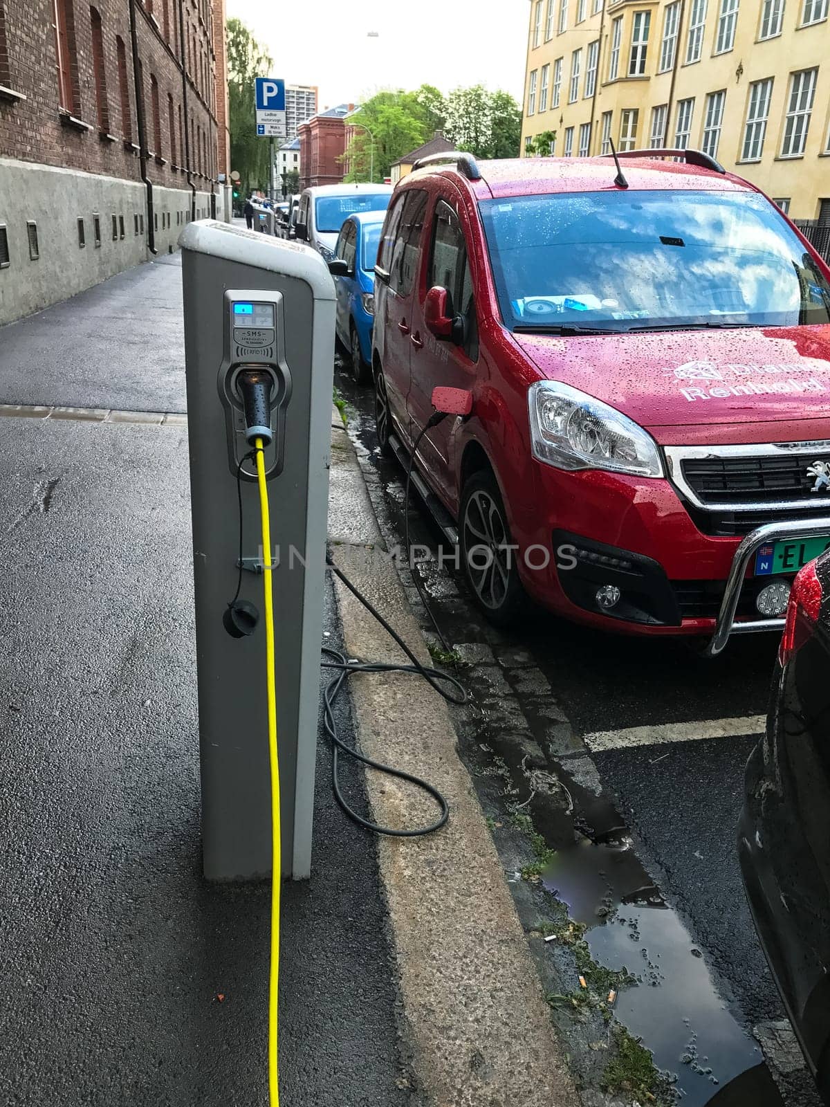 Oslo, Norway - 07 June 2017: Electric car charging station. Eco automobile that sparked a revolution
