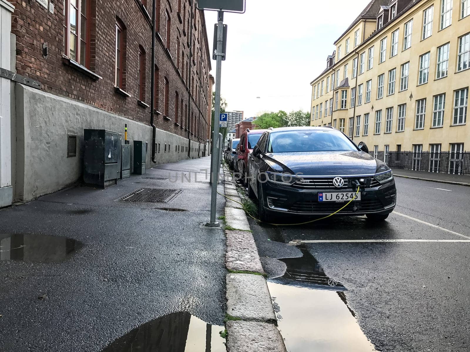 Oslo, Norway - 07 June 2017: Electric car charging station. Eco automobile that sparked a revolution