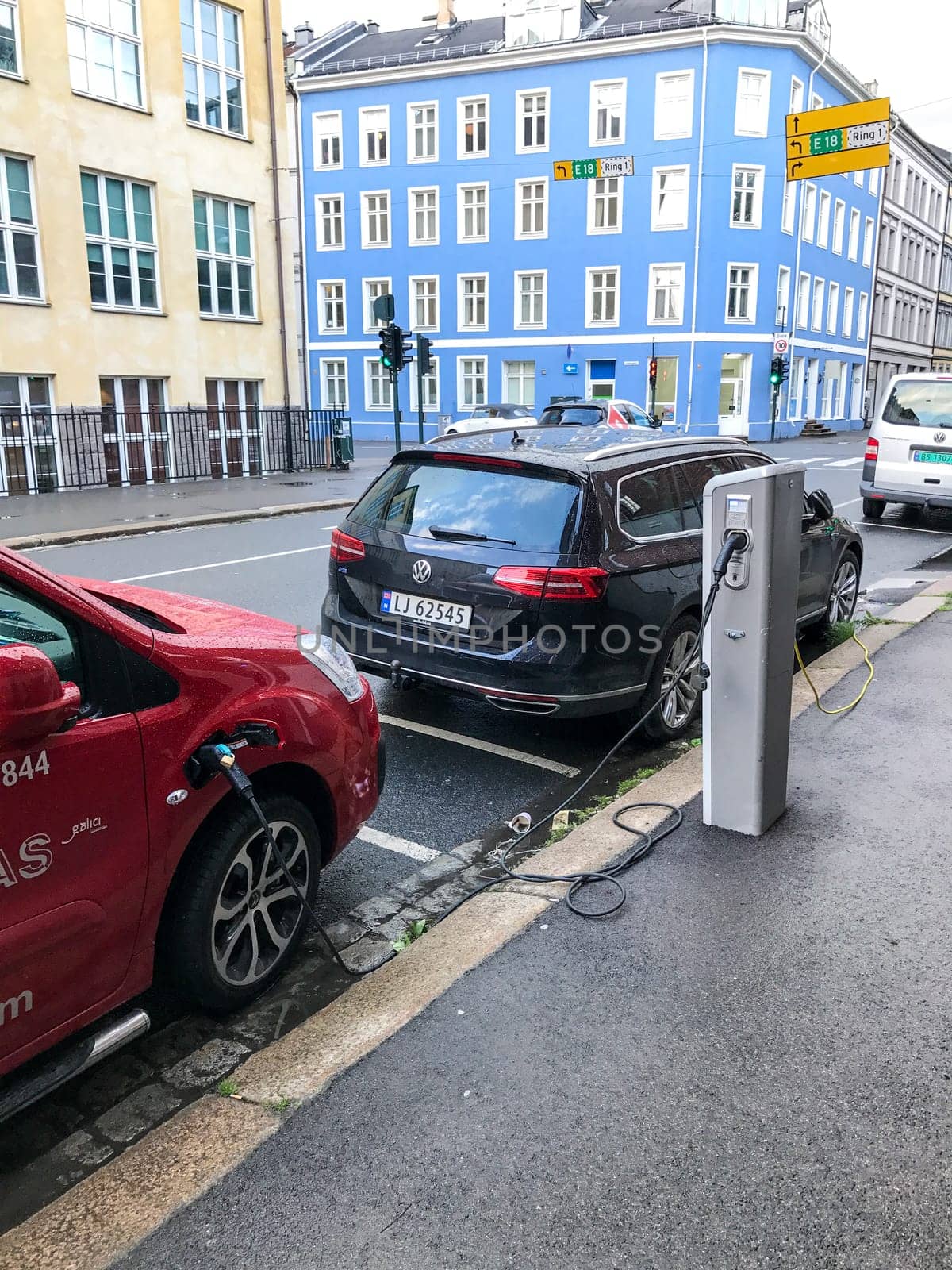 Oslo, Norway - 07 June 2017: Electric car charging station. Eco automobile that sparked a revolution