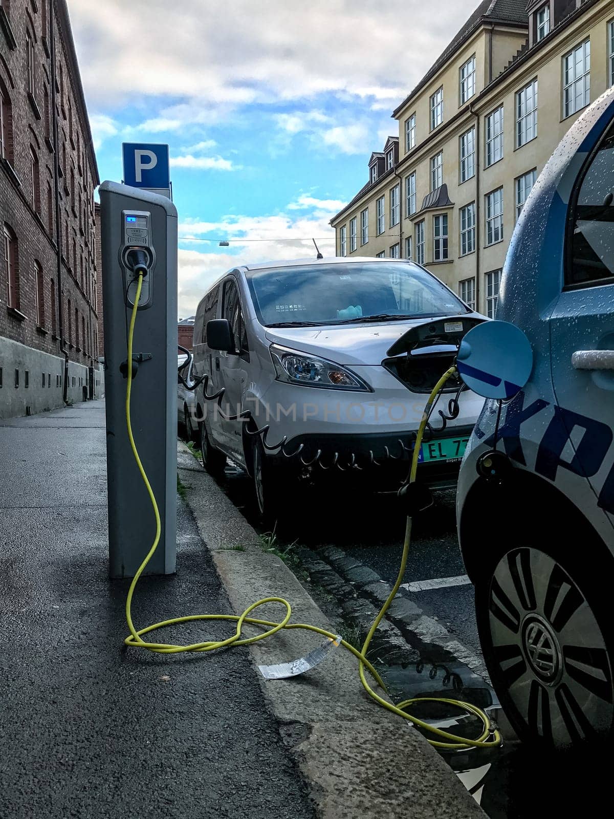 Oslo, Norway - 07 June 2017: Electric car charging station. Eco automobile that sparked a revolution