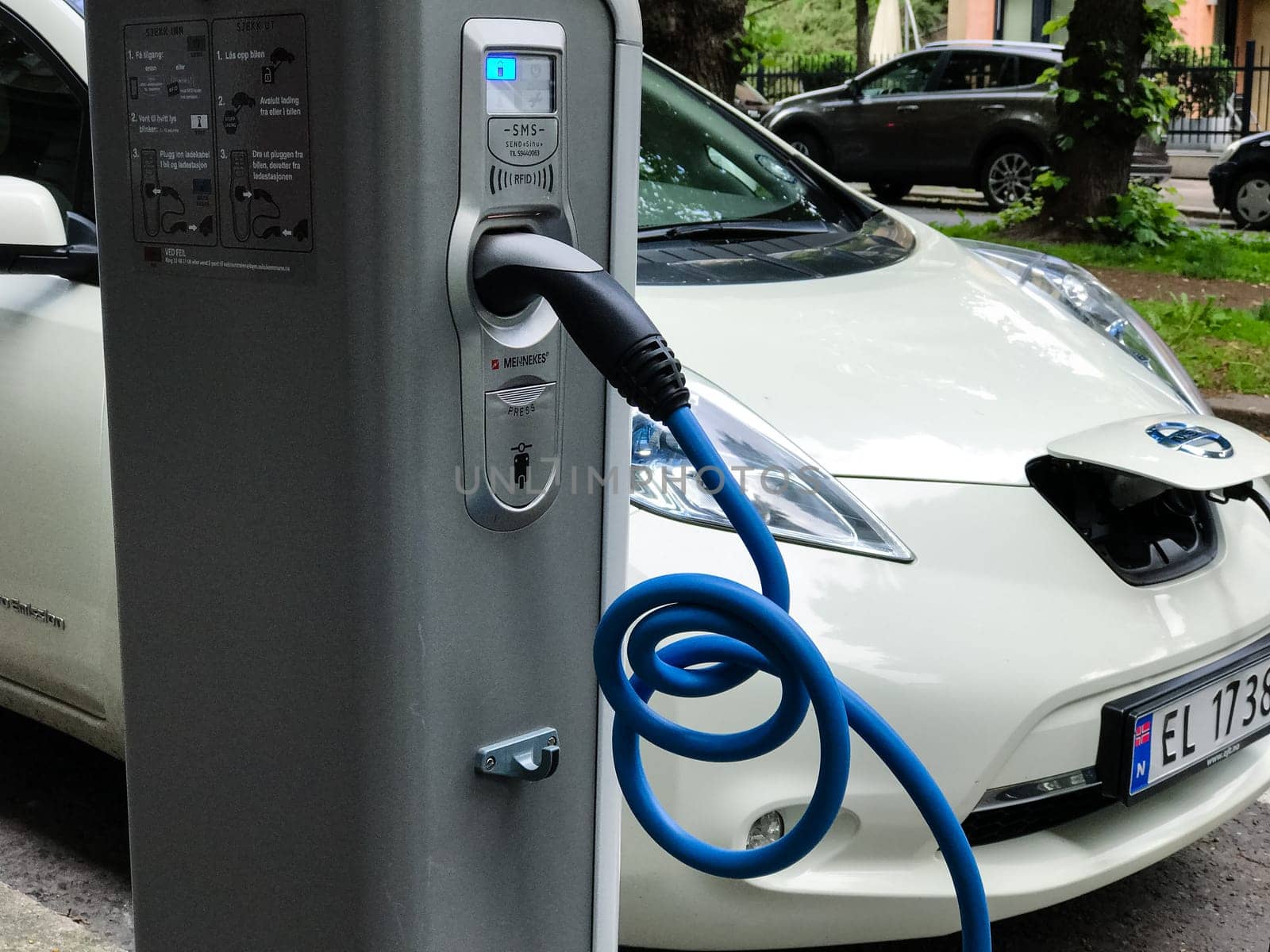Oslo, Norway - 08 June 2017: Electric car charging station. Eco automobile that sparked a revolution