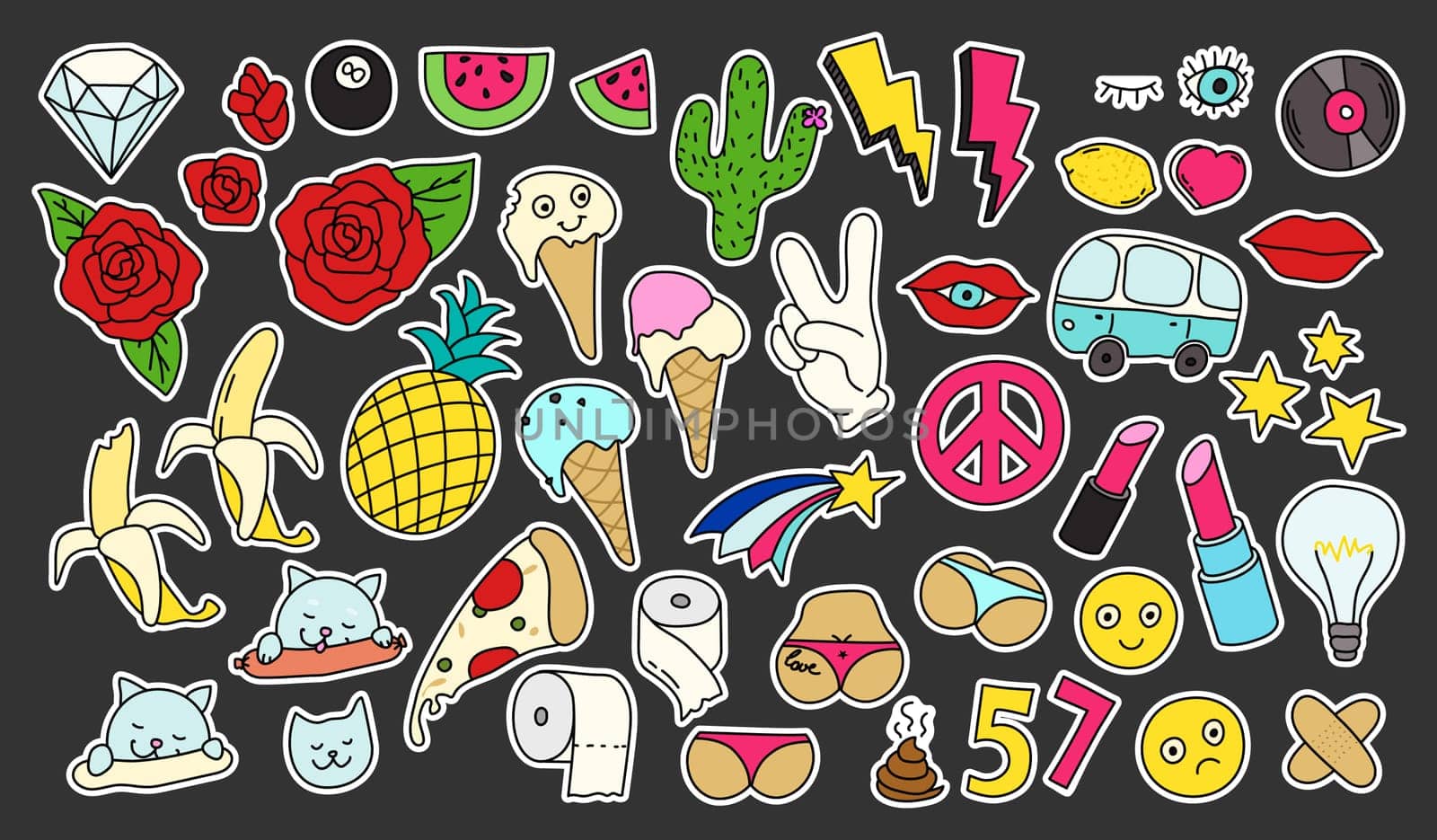 Fashion patch badges set. Isolated vector illustration with editable strokes. Stickers, pins, patches in cartoon 80s-90s comic style.