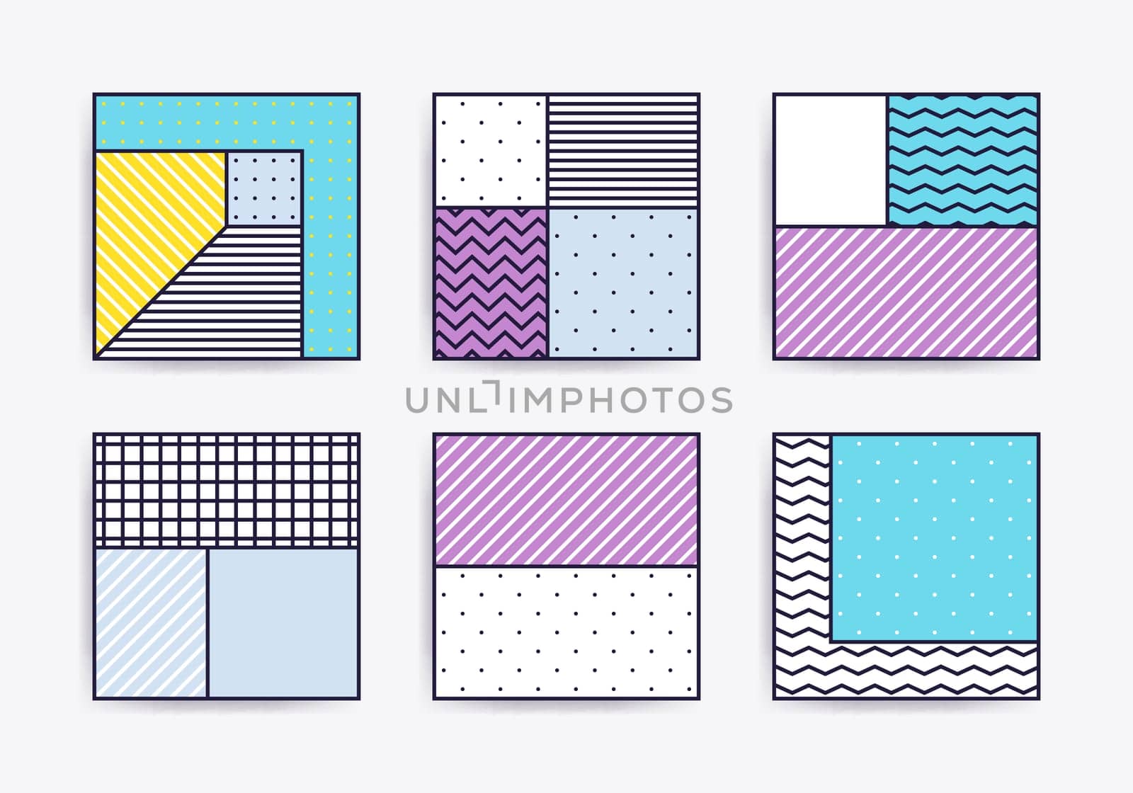 Collection with trendy backgrounds for your project, animation, advertisement, commercial banner, flyer, sale, frame. Simple poster, patches, badges in mix neo memphis, pop art style